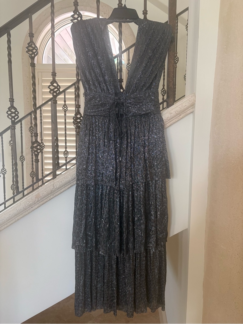 Sabina Musayev Metallic Charcoal V-Neck Tiered Maxi Dress